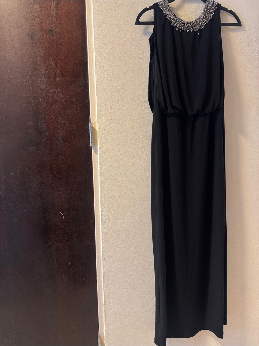 Beaded Neckline Black Maxi Dress - Women's Elegant Evening Gown